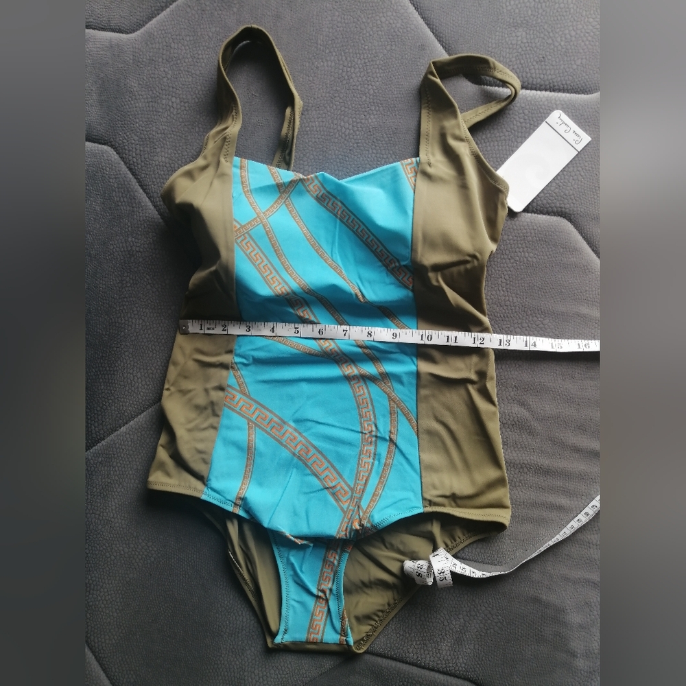 Pierre Cardin Blue Orange Olive Greek Pattern One-Piece Swimsuit - Picture 8 of 12